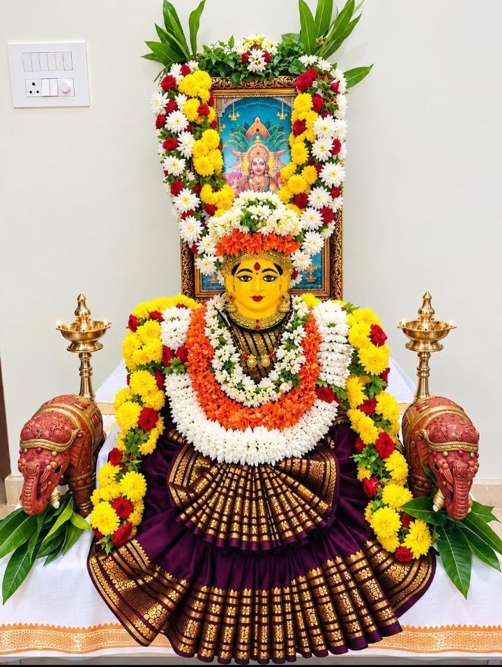 Auspicious Goddess Lakshmi Devi Alankara with silk saree and flower garlands